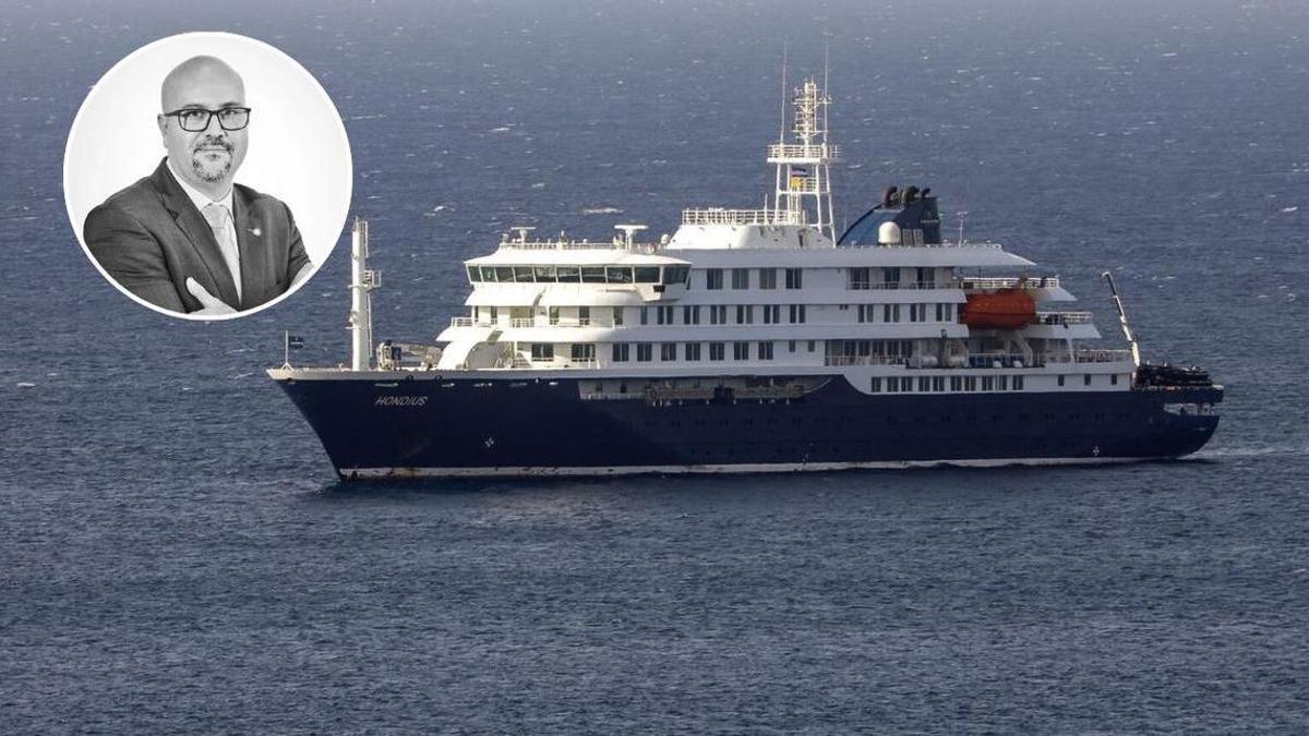 El crucero 'Mv Hondius', donde se ha producido un brote de hantavirus. En el recuadro, Juan Pablo González, gerente de Ashotel, el cual descarta cancelaciones masivas por el fondeo del buque en Tenerife