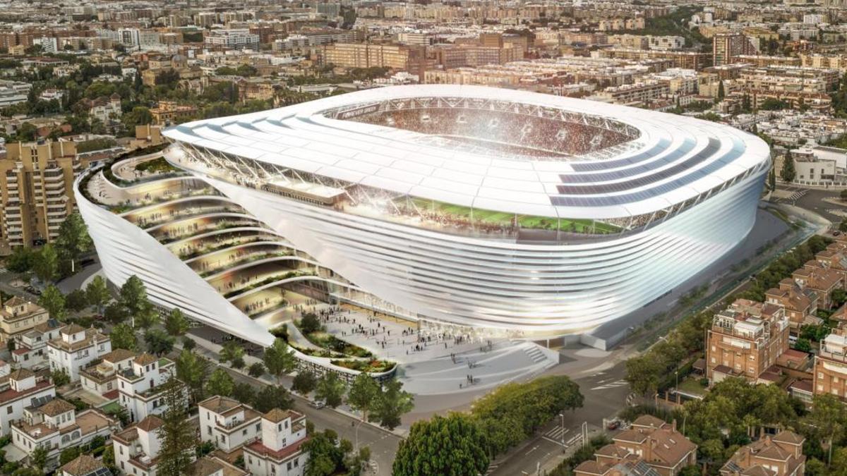 Recreación del nuevo estadio del Betis, del nuevo Benito Villamarín, con un edifico anexo que rechazan los vecinos
