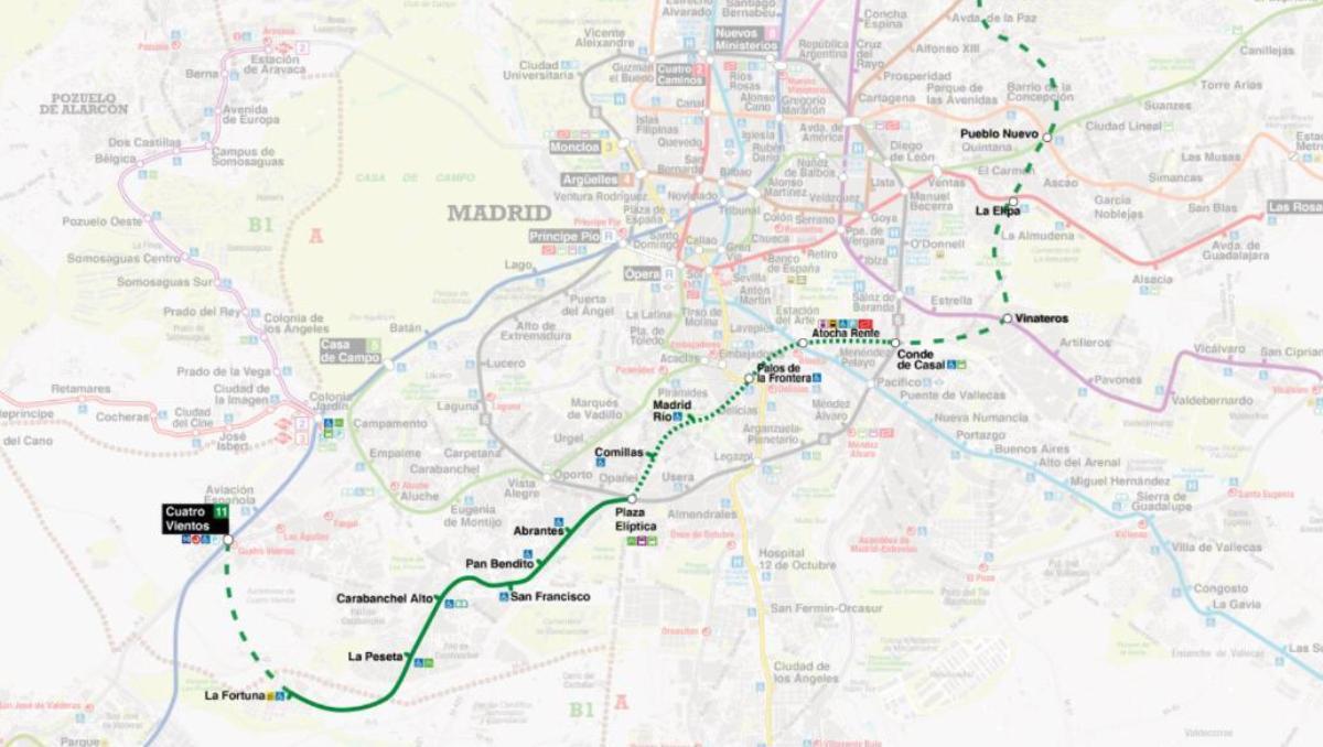 Mapa de la actual Línea 11 de Metro y las ampliaciones previstas.