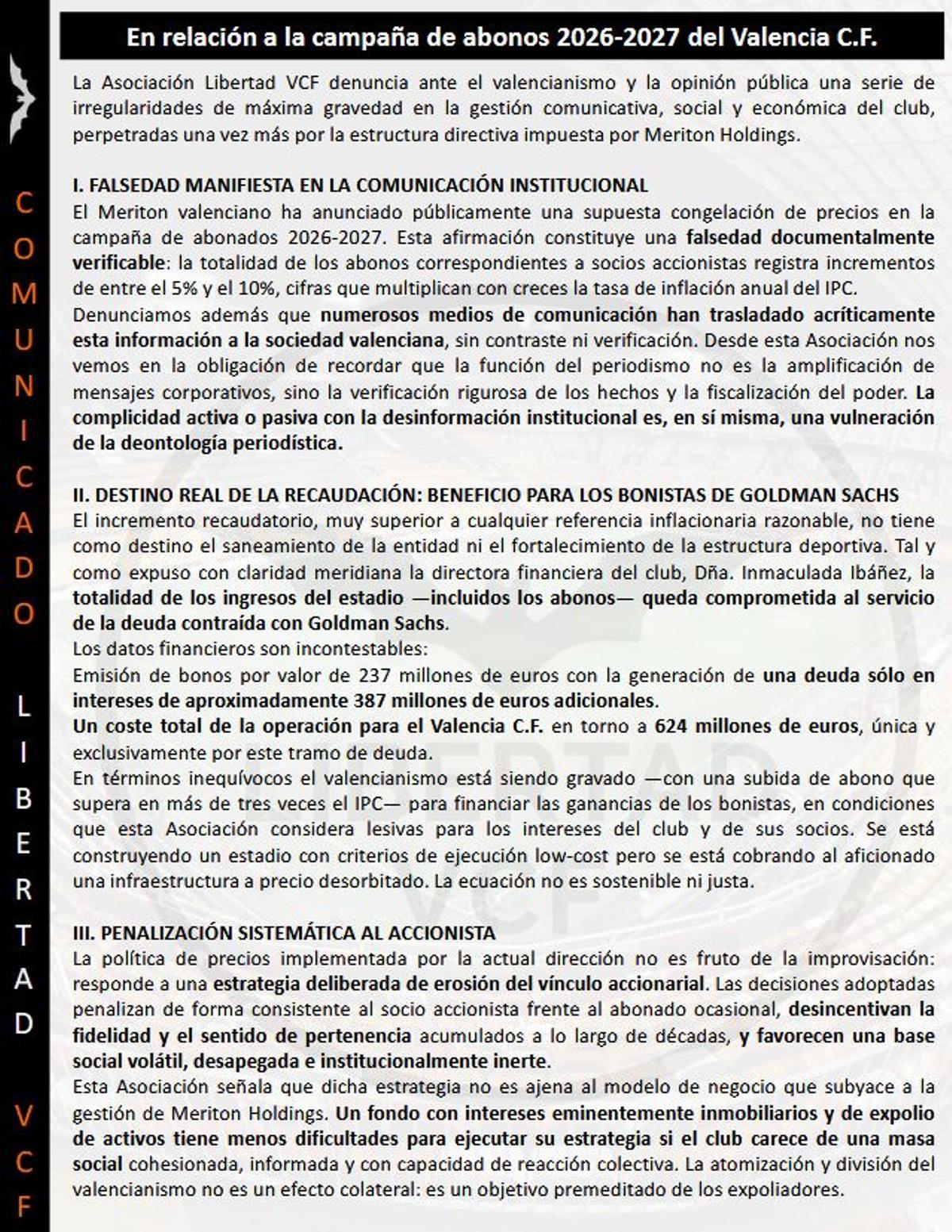 Este es el comunicado que ha emitido Libertad VCF en redes sociales