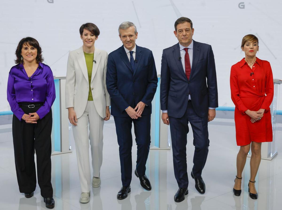 Faraldo (Podemos), Pontón (BNG), Rueda (PP), Gómez Besteiro (PSdeG), Lois (Sumar, v. li.).  | FOTO: EFE