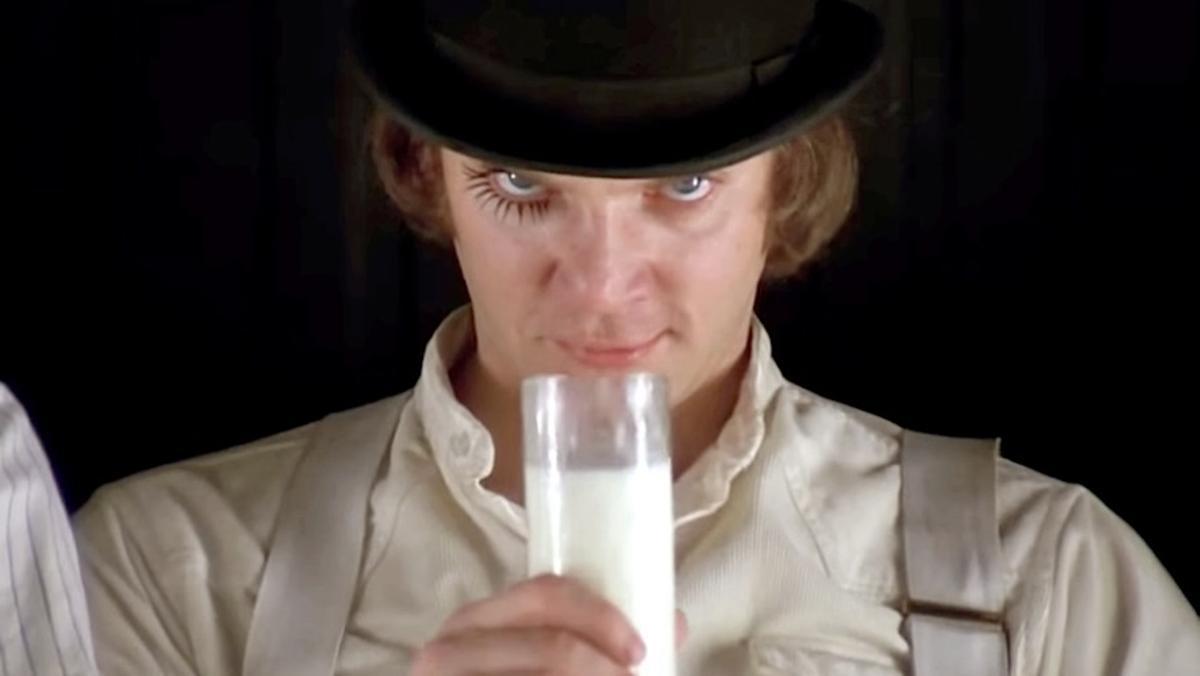 Malcolm McDowell (Alex) en una imagen de La naranja mecánica