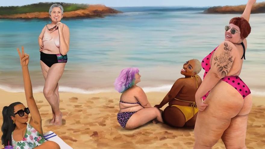 Ein Bild der Kampagne für mehr Selbstbewusstsein von dicken Frauen am Strand.