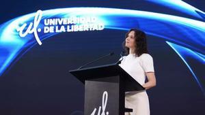 La presidenta de la Comunidad de Madrid, Isabel Diaz Ayuso, en uno de los actos de su visita a México.