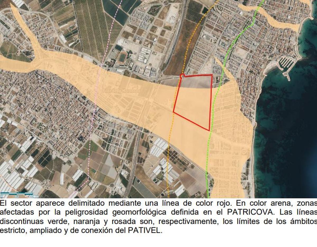 Ubicación del plan con la descripción ASE sobre el riesgo geomorfológico de la rambla sobre el sector y la afección del Pativel