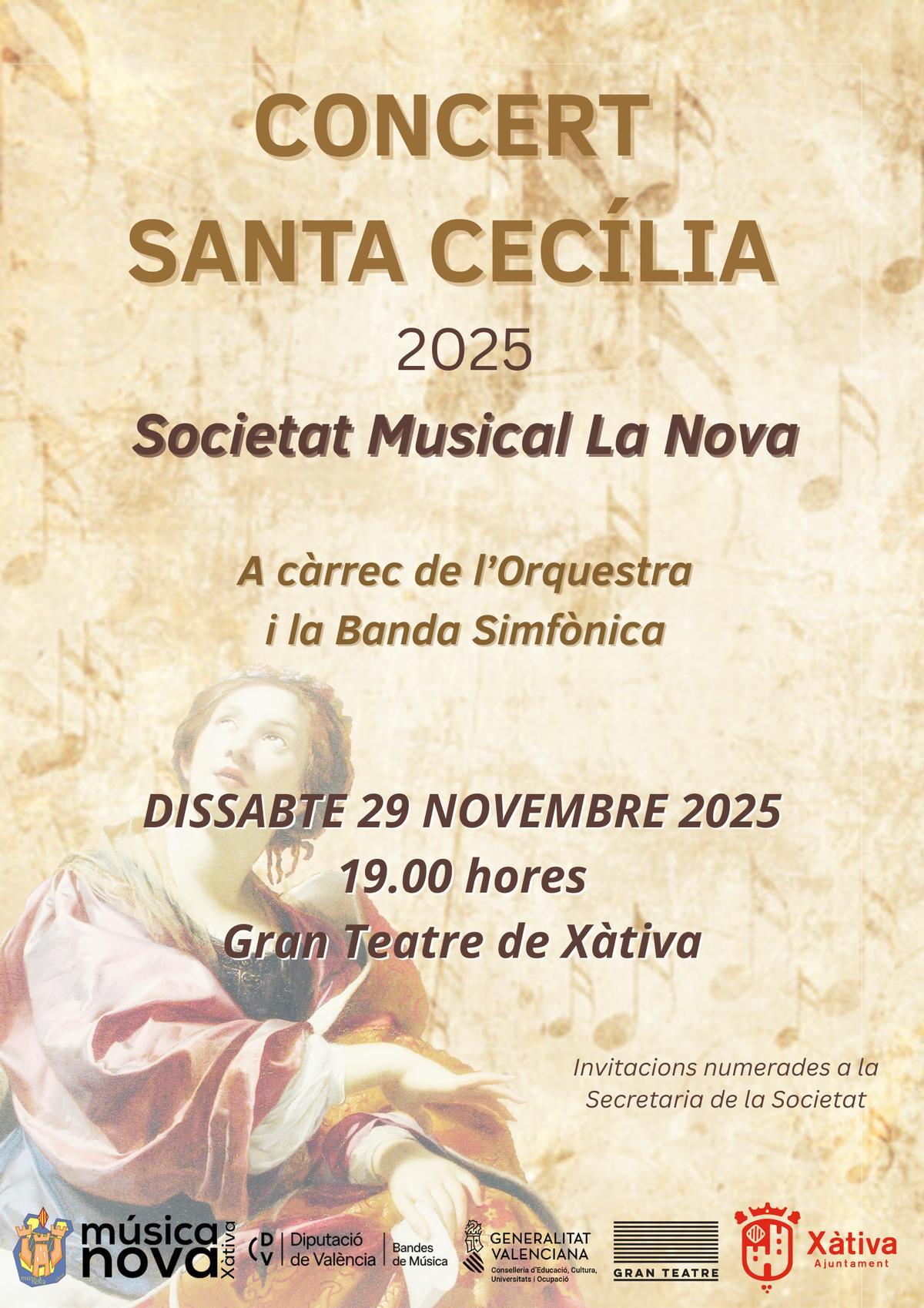 Cartel del concierto de Santa Cecilia de la Societat Musical La Nova de Xàtiva.