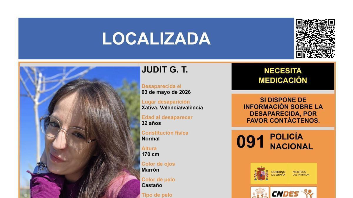 Localizan con vida a la mujer de 32 años desparecida en Xàtiva el pasado viernes 1 de mayo