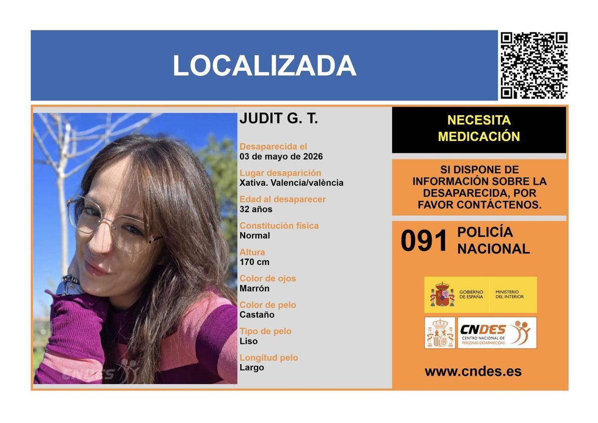 Localizan con vida a la mujer de 32 años desparecida en Xàtiva el pasado viernes 1 de mayo