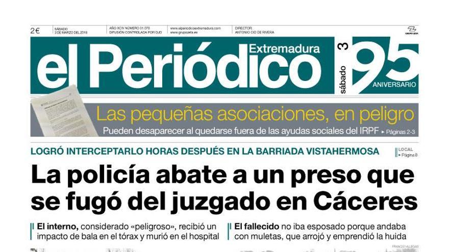 Esta es la portada de EL PERIÓDICO EXTREMADURA correspondiente al día 3 de marzo del 2018.