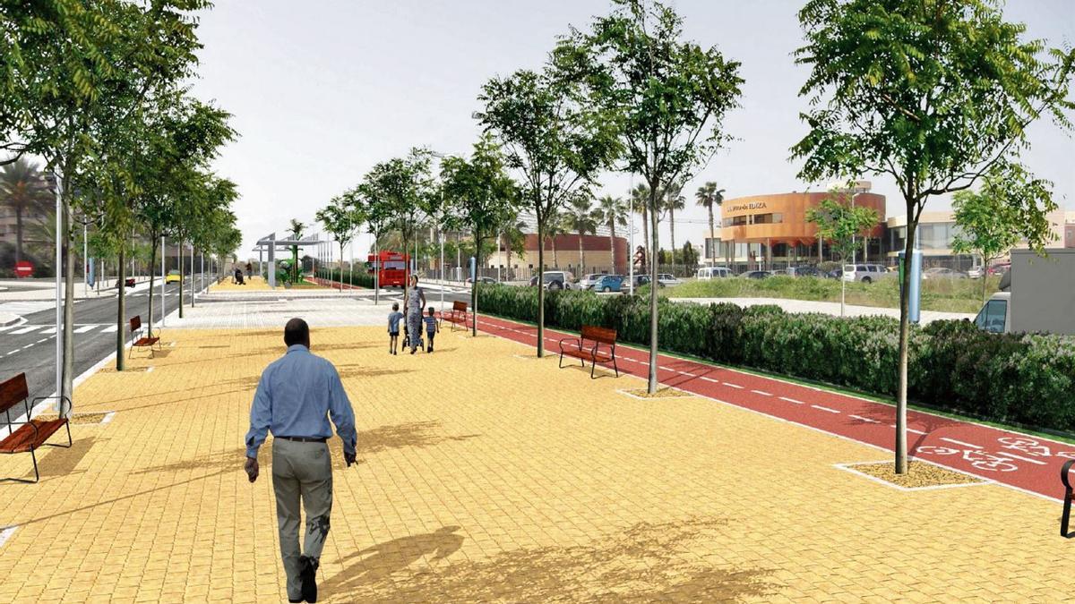 Recreación virtual de la zona peatonal y el carril bici de la futura avenida de la Paz.
