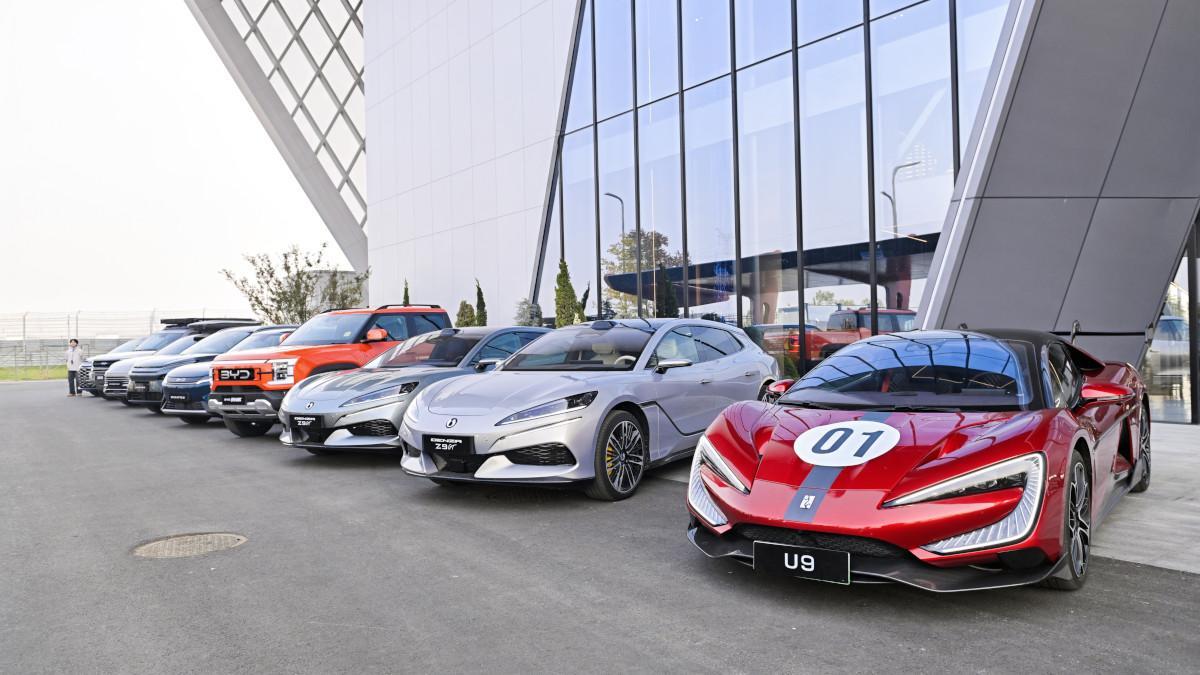 Distintos vehículos del grupo BYD a las puertas del mega complejo de Zhengzhou