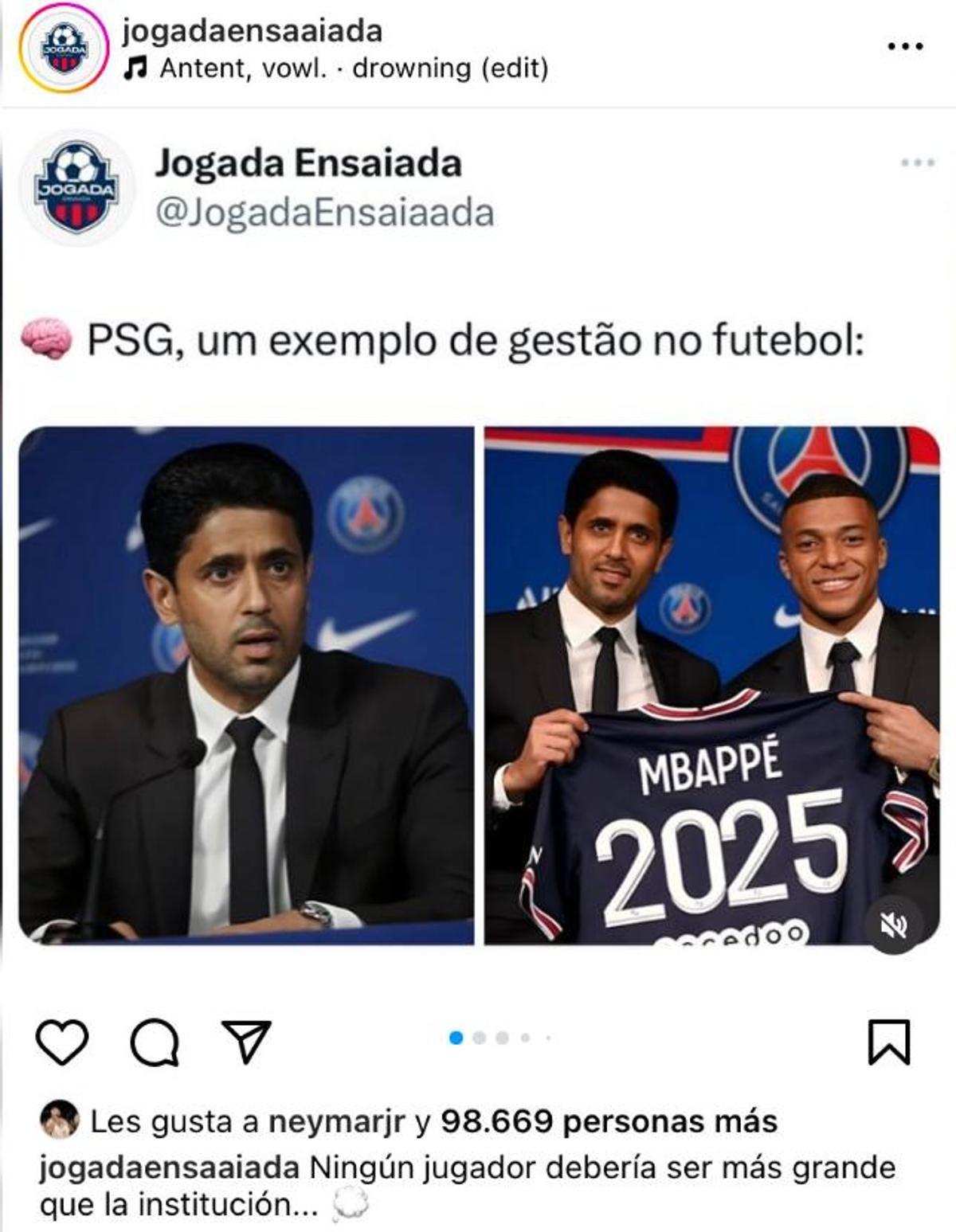 Publicación de Instagram con el MG de Neymar