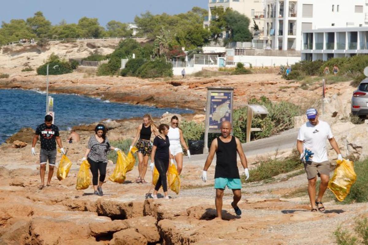 Voluntarios recogen en Caló des Moro residuos de la playa. | J.A.RIERA