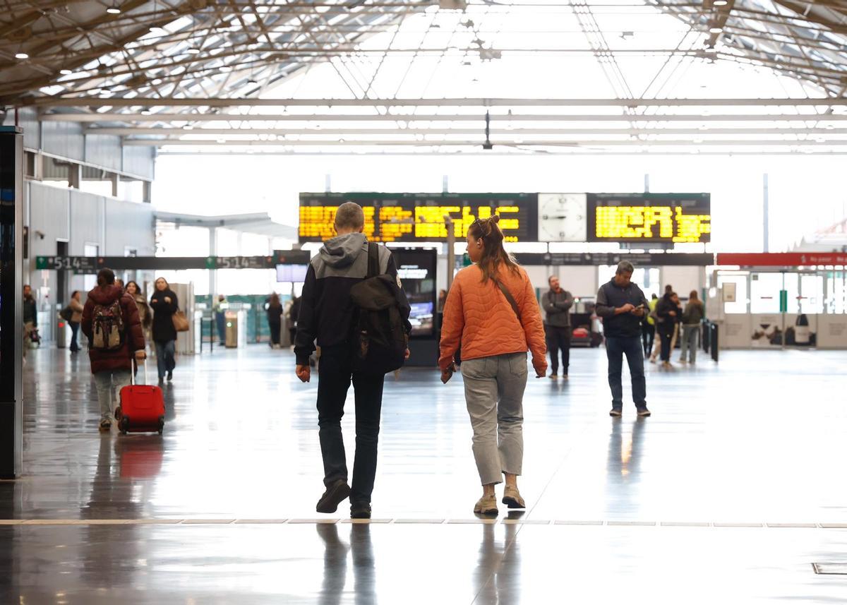 Unos viajeros se dirigen hacia la zona de andenes de la estación de tren de Alicante.