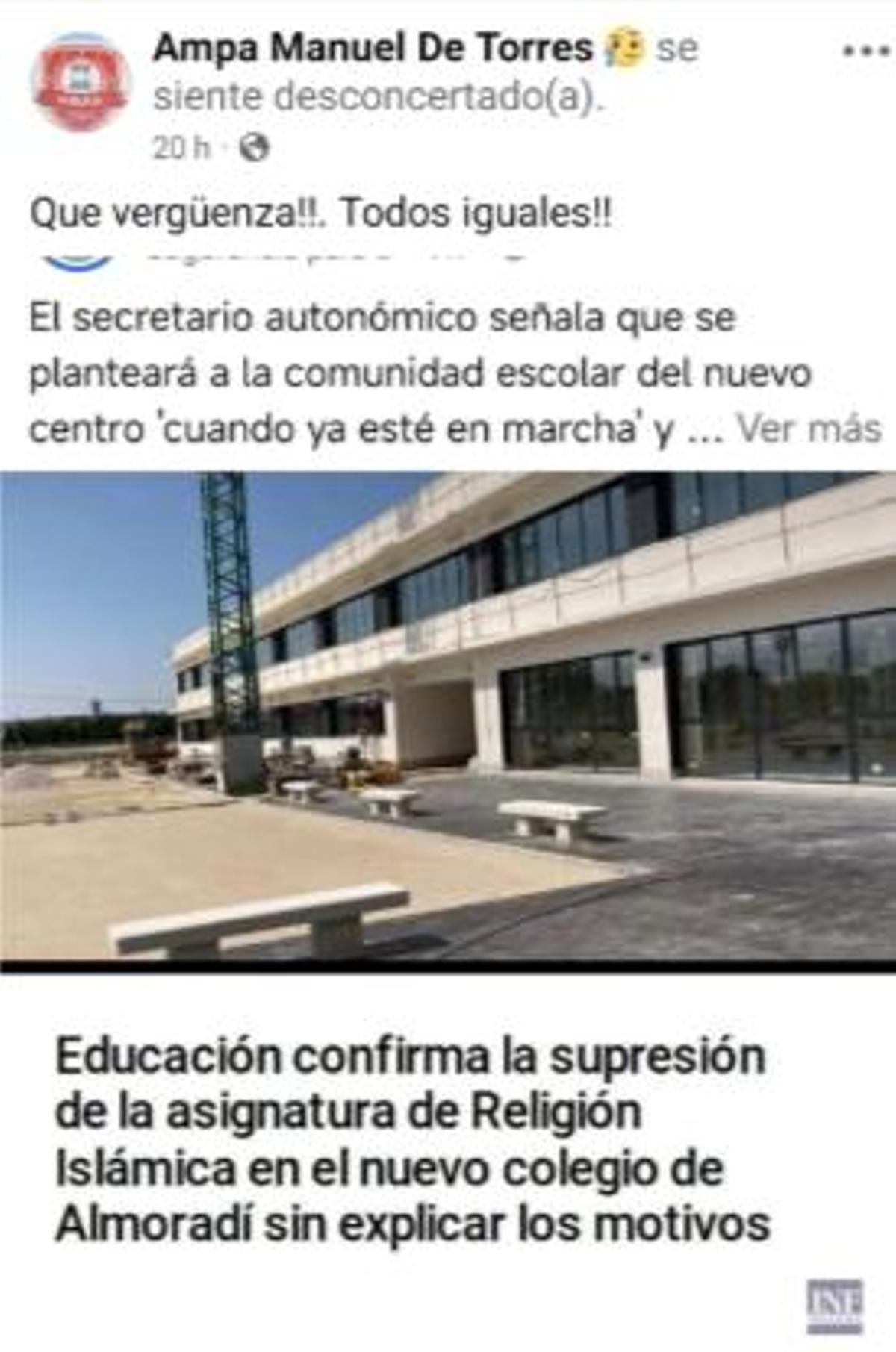 Reacción en el sitio del AMPA Manuel de Torres a la confirmación de la ausencia de la asignatura de Religión Islámica en el nuevo colegio