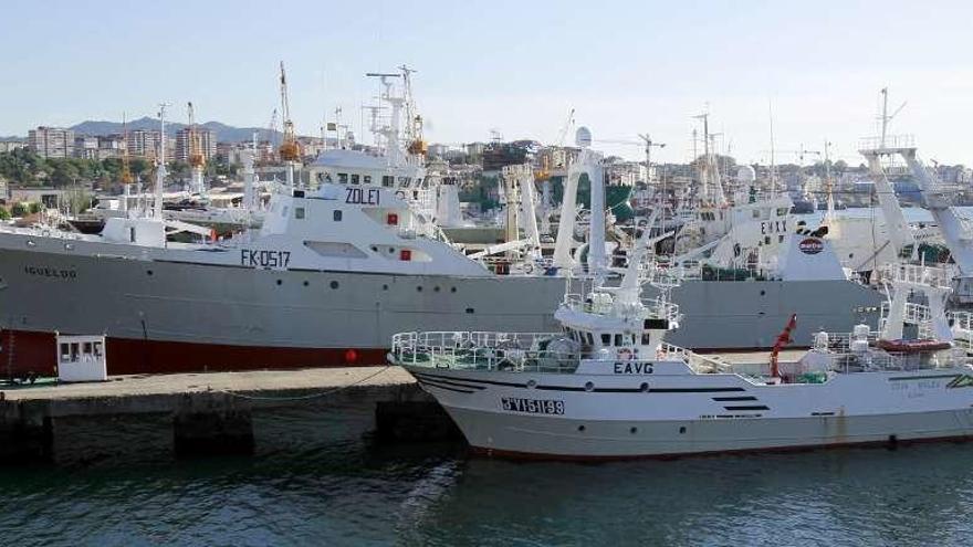 Buques de NAFO y Malvinas, amarrados en puerto durante un fin de campaña. // José Lores