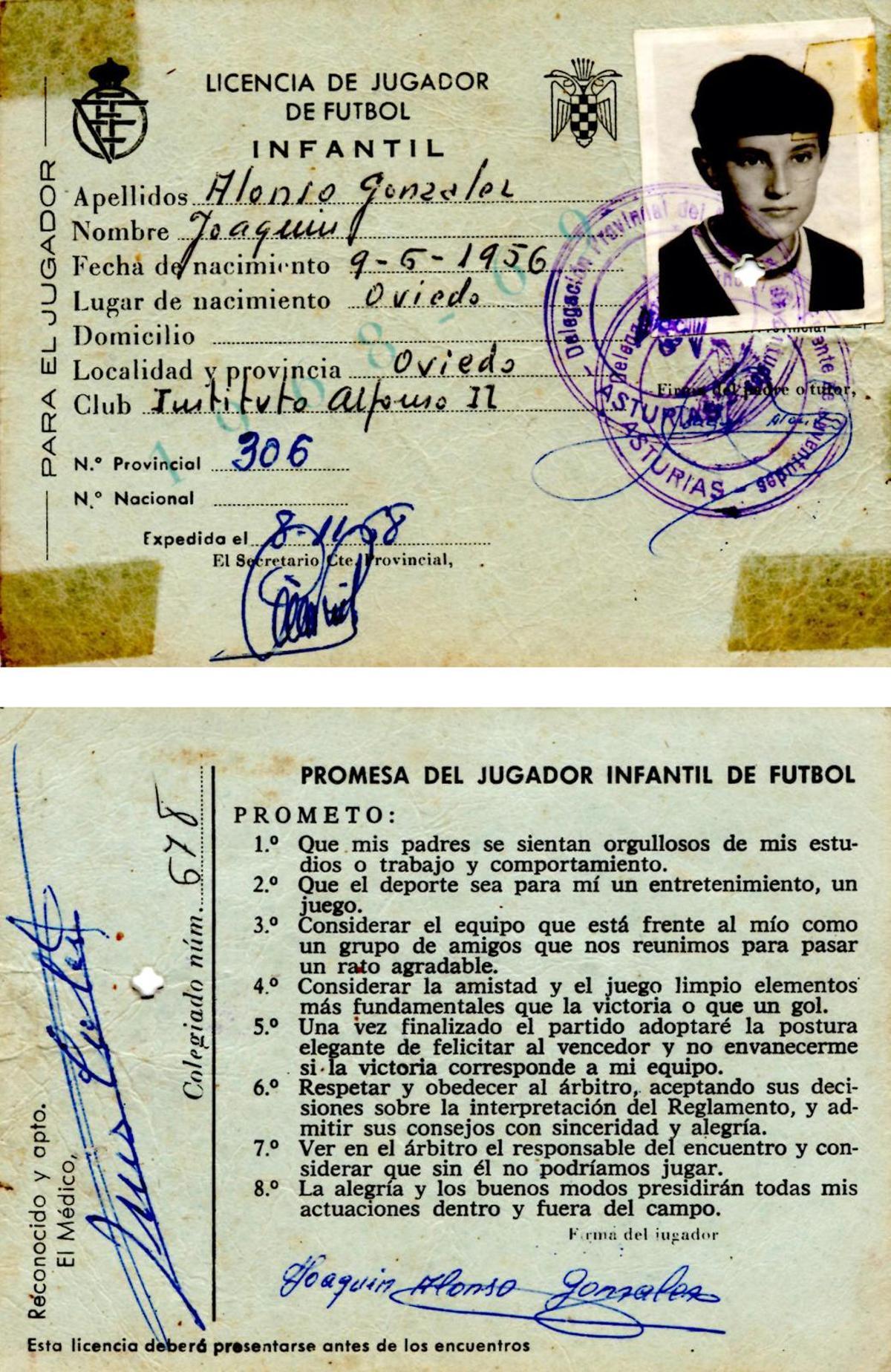 La primera licencia de jugador de Joaquín, a los 12 años, en el Alfonso II