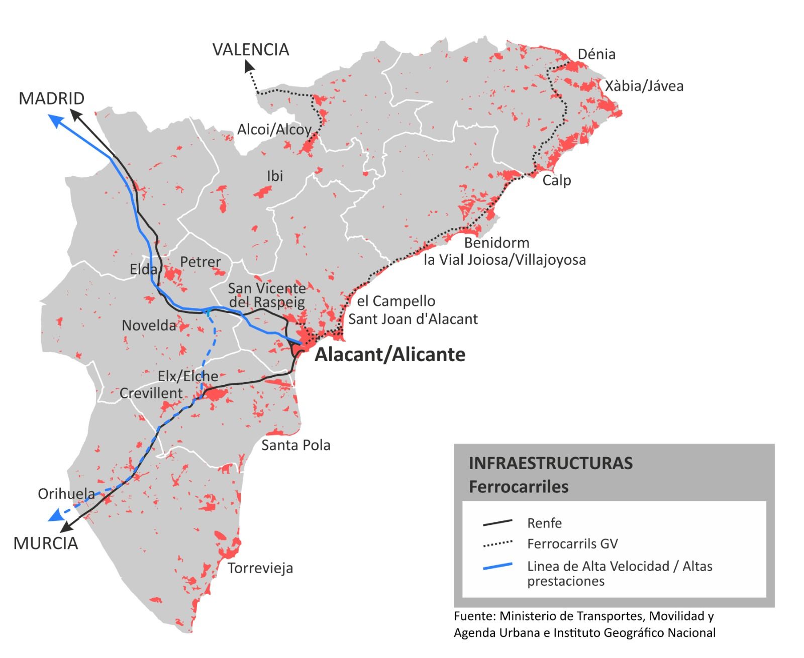 Mapa con las principales poblaciones conectadas por ferrocarril en la provincia de Alicante, ya sea tren convencional, AVE o TRAM