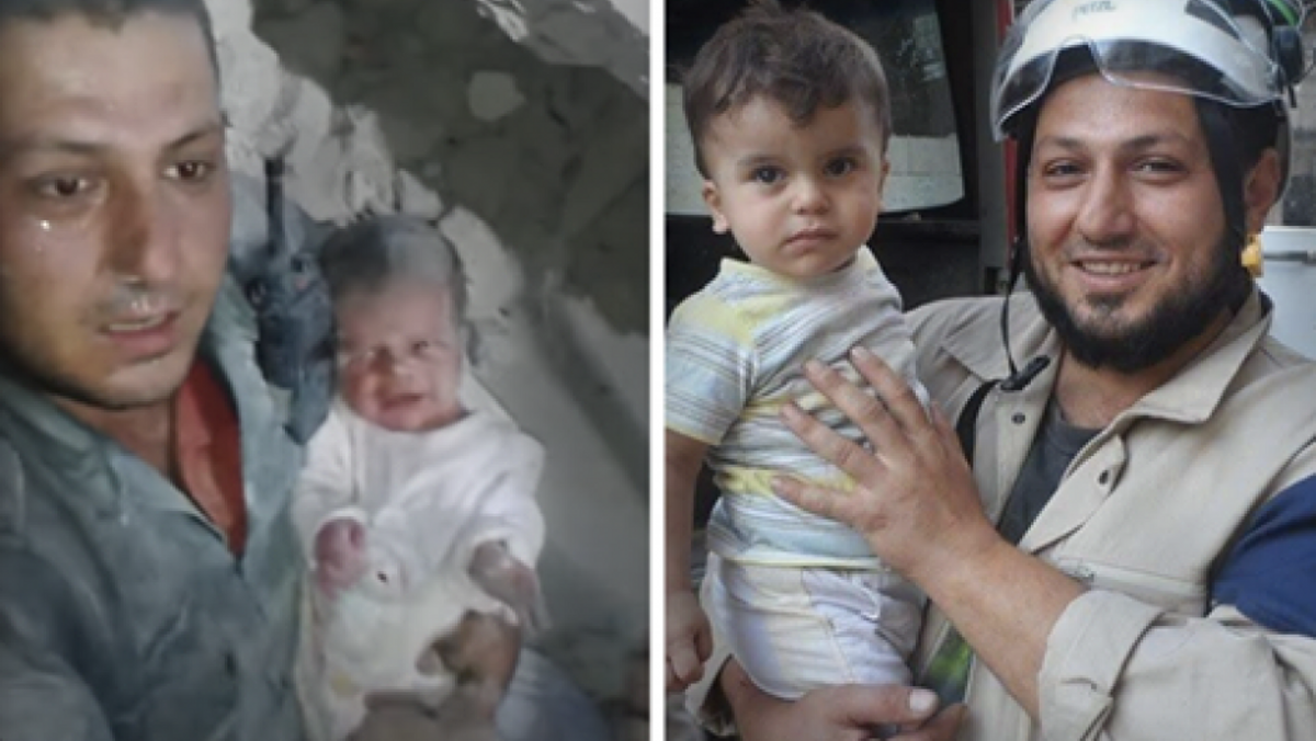 Jaled Omar en el moment en què va rescatar un nadó de dues setmanes d’entre la runa d’un bombardeig.