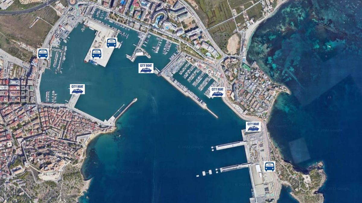 Mapa con las paradas que realizará el Port Bus en el puerto de Ibiza.