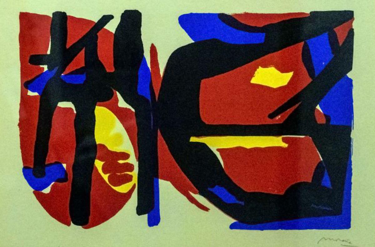 Litografía de José Manuel Moraña exposta na Fundación Laxeiro.