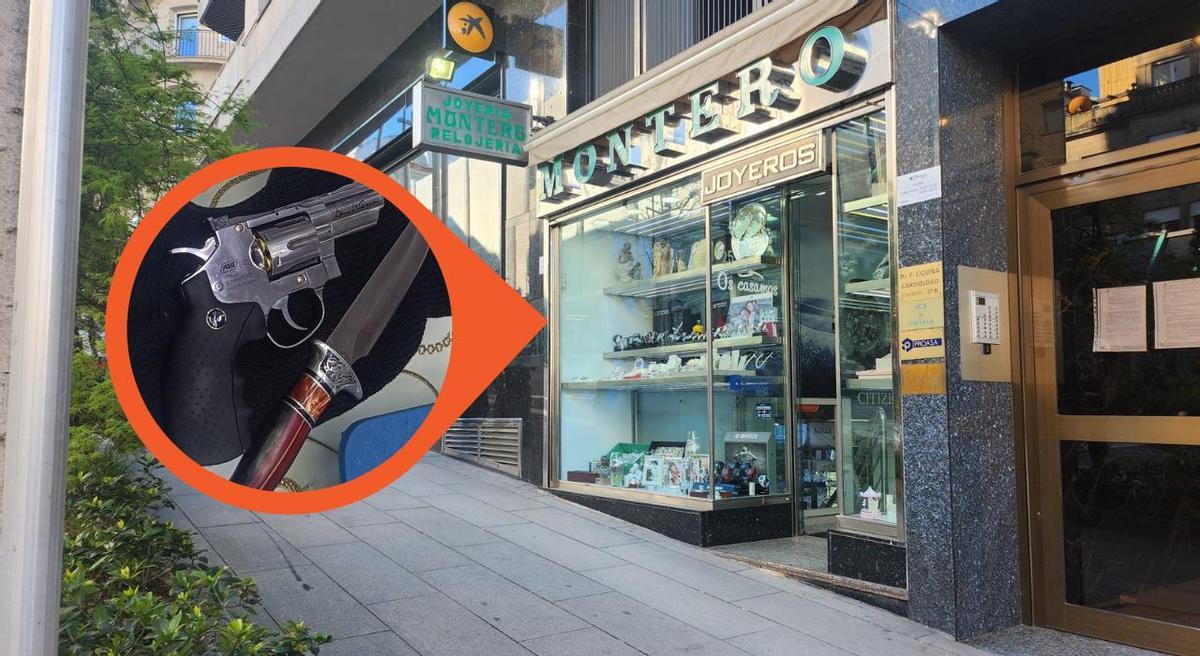 Armas empleadasen el asalto y vista de la joyería asaltada en Gran Vía