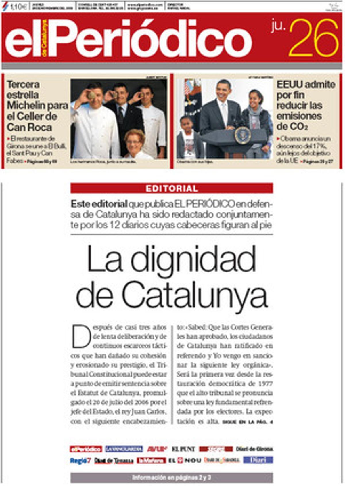 Portada del 26 de novembre del 2009, en què 12 diaris van publicar un editorial conjunt a favor de l’Estatut de Catalunya.