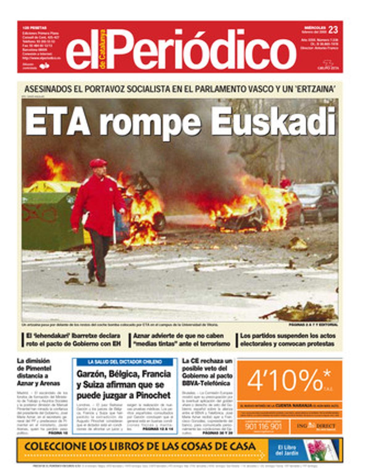 ETA assassina el portaveu socialista al Parlament basc i unertzaina. 23/2/2000