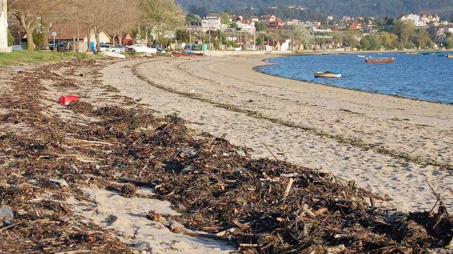 Estado que presentaba ayer la playa de Cesantes, llena de residuos arrastrados por la marea. // FdV