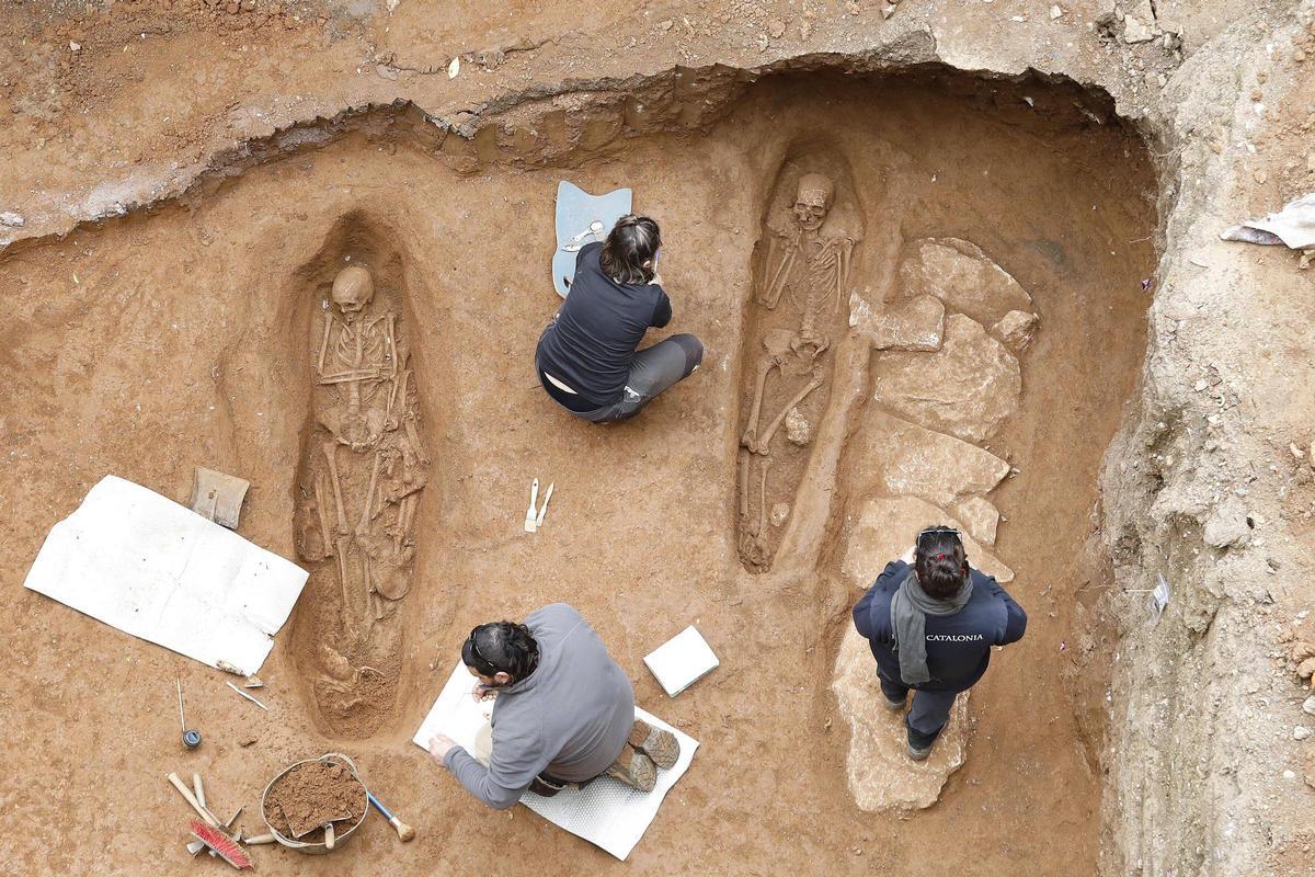 Arqueòlegs treballant amb les  restes de diferents cossos