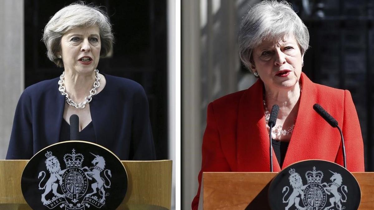 Theresa May, el día que se convirtió en primera ministra británica (izquierda) y tres años después, tras poner fecha a su renuncia.