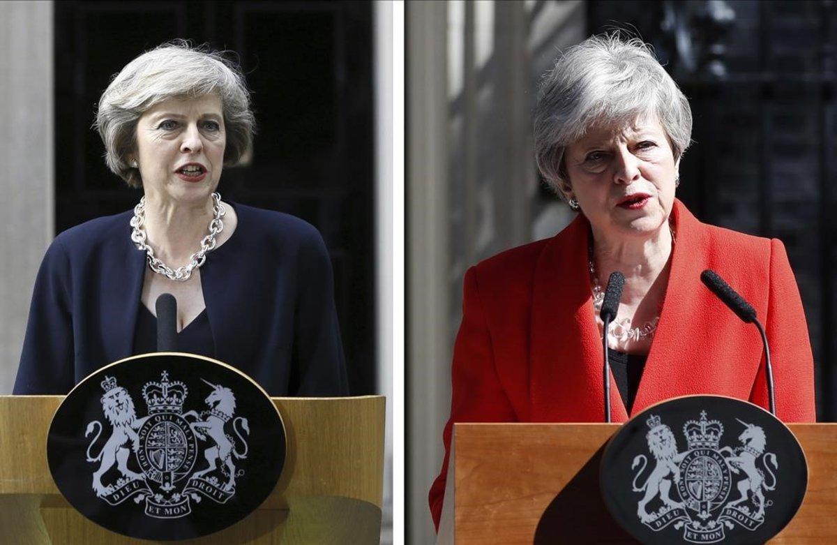 Theresa May, el día que se convirtió en primera ministra británica (izquierda) y tres años después, tras poner fecha a su renuncia.