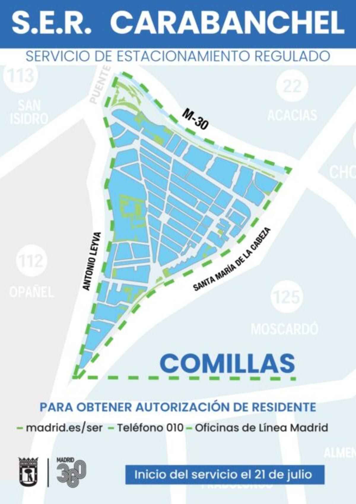 Infografía del Servicio de Estacionamiento Regulado (SER) en el barrio de Comillas, que se activa a partir del 21 de julio