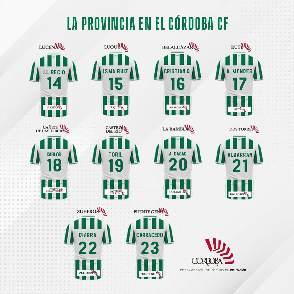 Dorsales del Córdoba CF con nombres de localidades cordobesas.