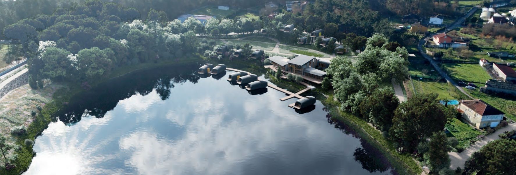 Una de las imágenes utilizadas por el Concello para mostrar el resultado del proyecto, una vez colocadas ya las cabañas flotantes y las elevadas.