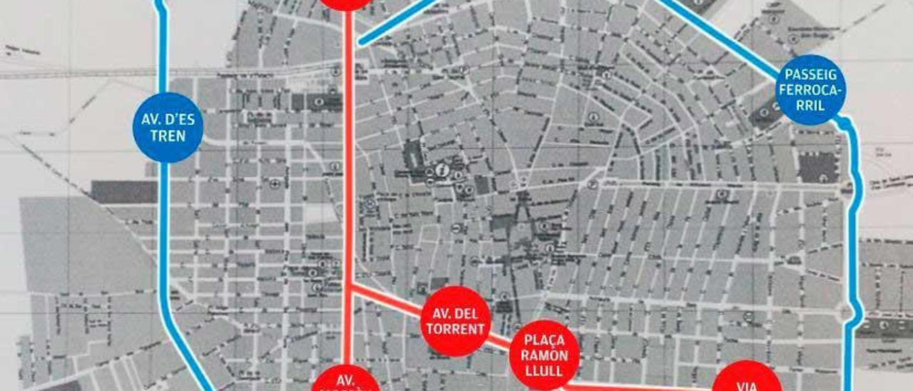 Mapa de Manacor donde se pueden ver las avenidas y vías a intercambiar. Además, estado de degradación de la avenida des Torrent.