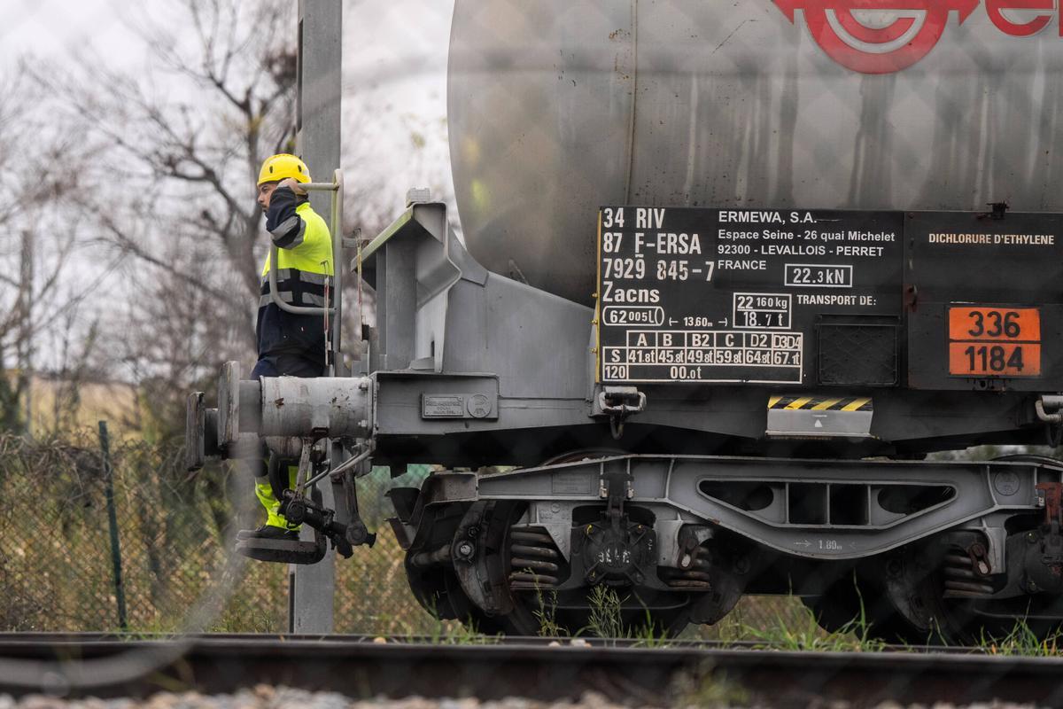 Trenes de mercancías de carga pesada parados en las puertas de las fábricas en Martorell.
