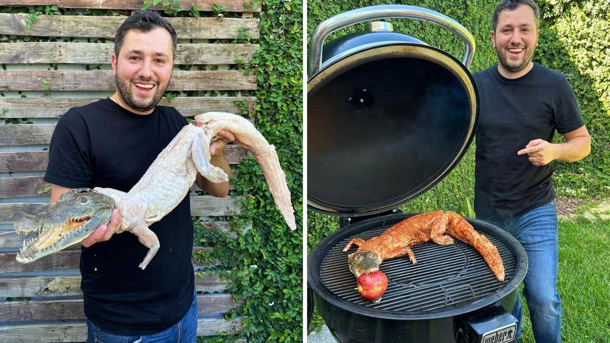 El chef con el cocodrillo desollado y más tarde especiado y a la brasa