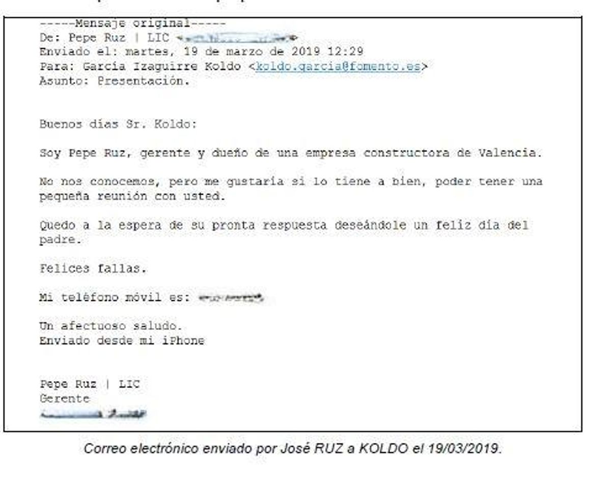 Correo que envió Ruz al asesor de Ábalos el 19 de marzo de 2021, reproducido por la UCO. Se han borrado los correos y el teléfono que podrían seguir en activo.