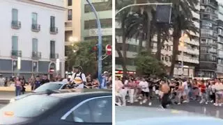 Decenas de jóvenes invaden la calzada en Alicante para seguir corriendo a dos influencers en patinete