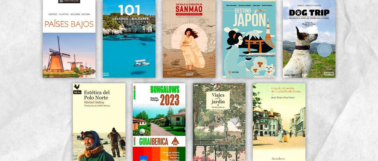 De arriba abajo y de izquierda a derecha, portadas de &quot;Guía Visual de los Países Bajos&quot;, &quot;101 destinos de Baleares sorprendentes&quot;, &quot;Un viaje al corazón de Sanmao&quot;, &quot;Destino Japón&quot;, &quot;Dog trip&quot;, &quot;Estética del Polo Norte&quot;, &quot;Bungalows&quot;, &quot;Viajes por mi jardín&quot; y &quot;Guía de A Coruña&quot;.