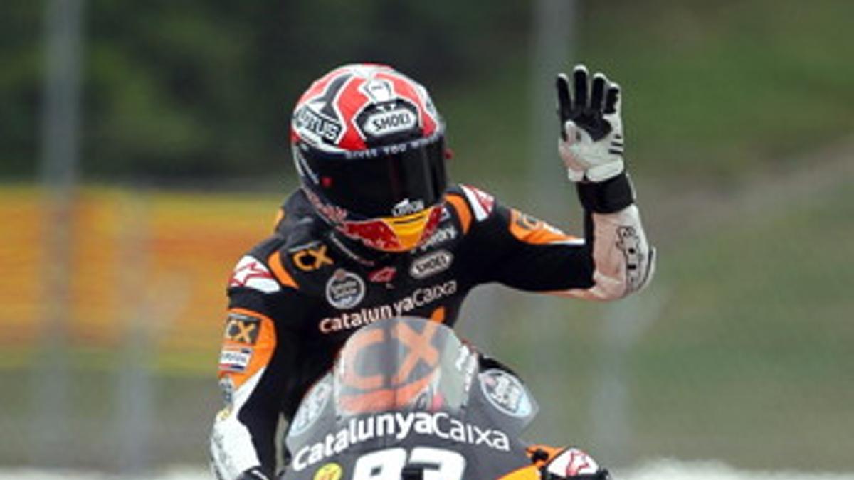 Marc Márquez celebra su tercer puesto tras acabar la carrera de Montmeló.