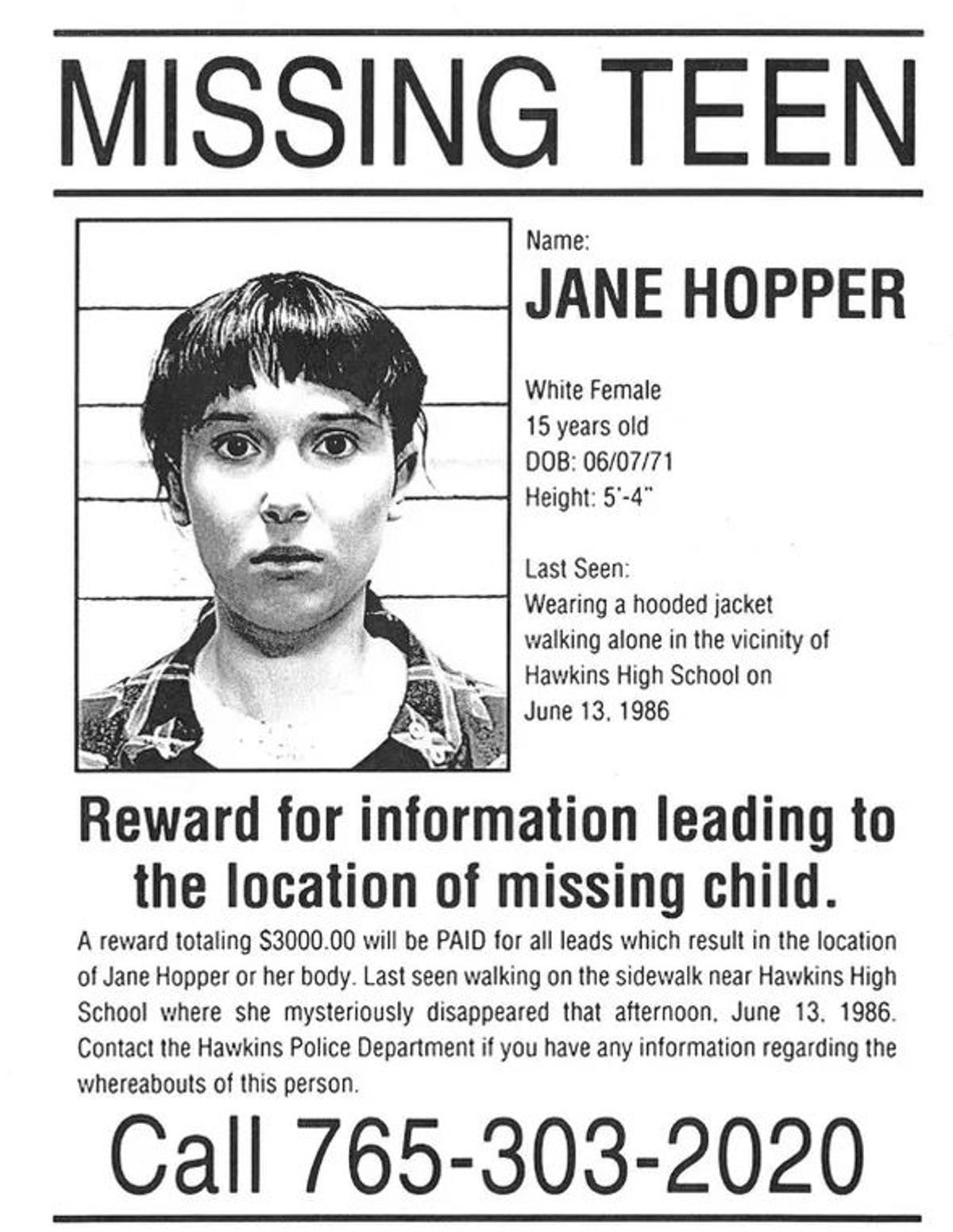 Cartel de Stranger Things en el que se busca a Jane Hooper (Once)