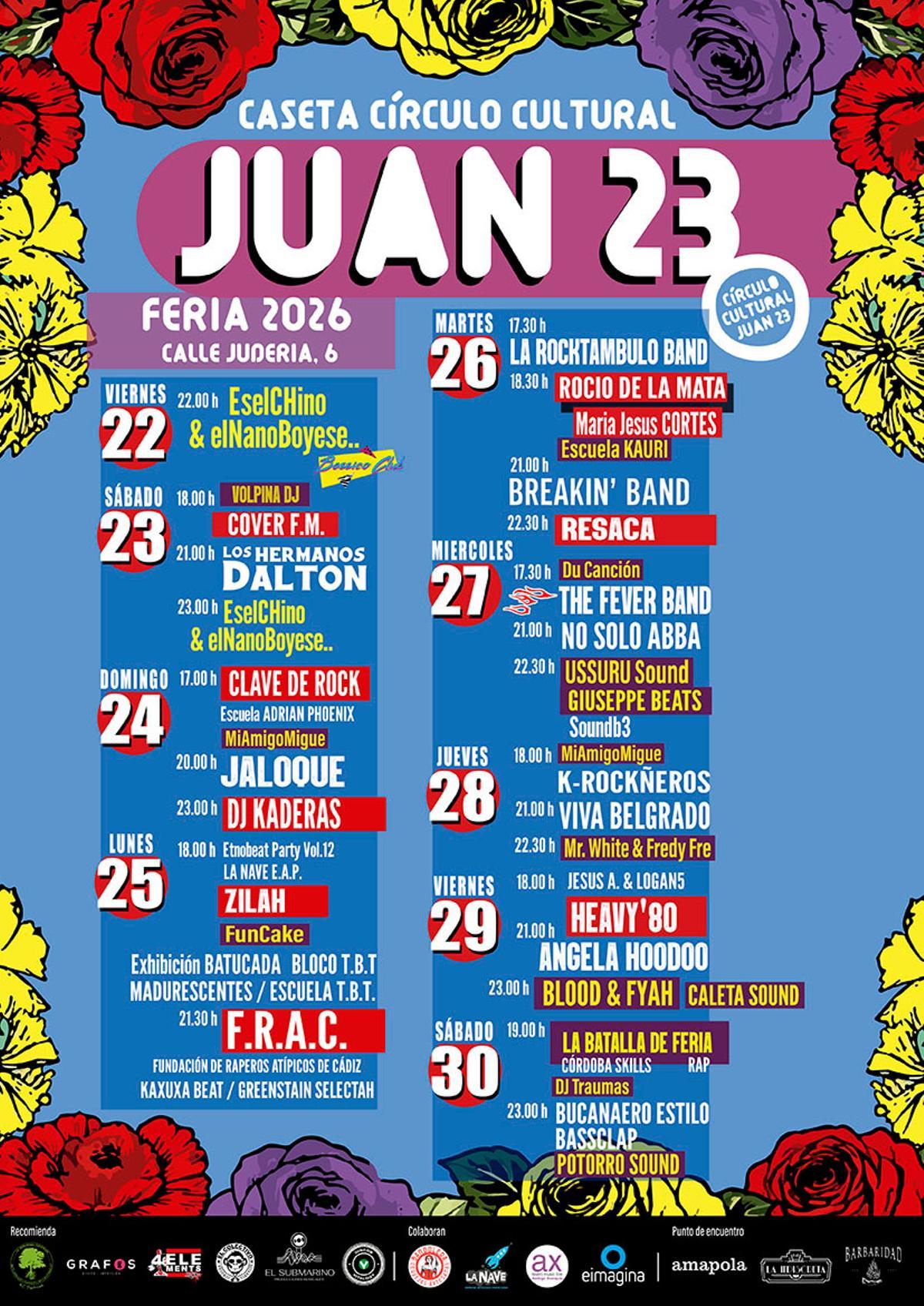 Cartel de conciertos de la caseta Juan 23 en la Feria de Córdoba 2026.