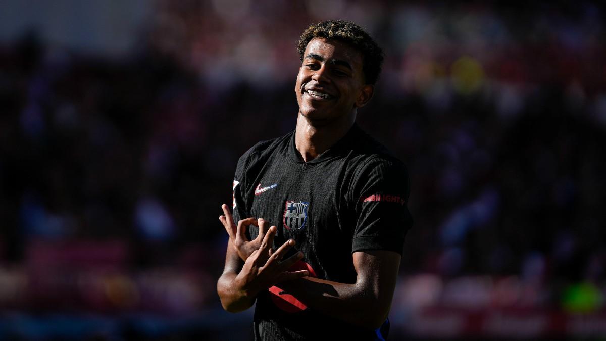 Lamine Yamal celebra un gol frente al Girona en Montilivi