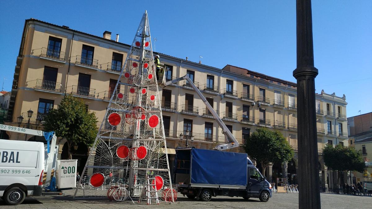 Instalación del árbol de Navidad en la Plaza Mayor.