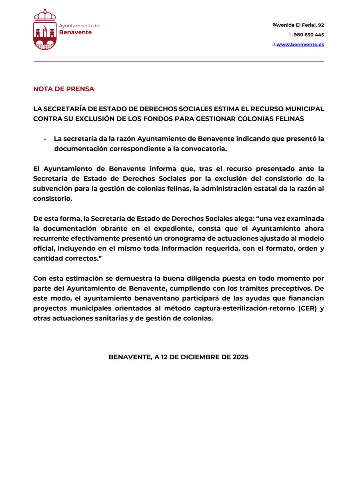Comunicado municipal íntegro en el que asegura que participará de las ayudas a las colonias felinas de Benavente.