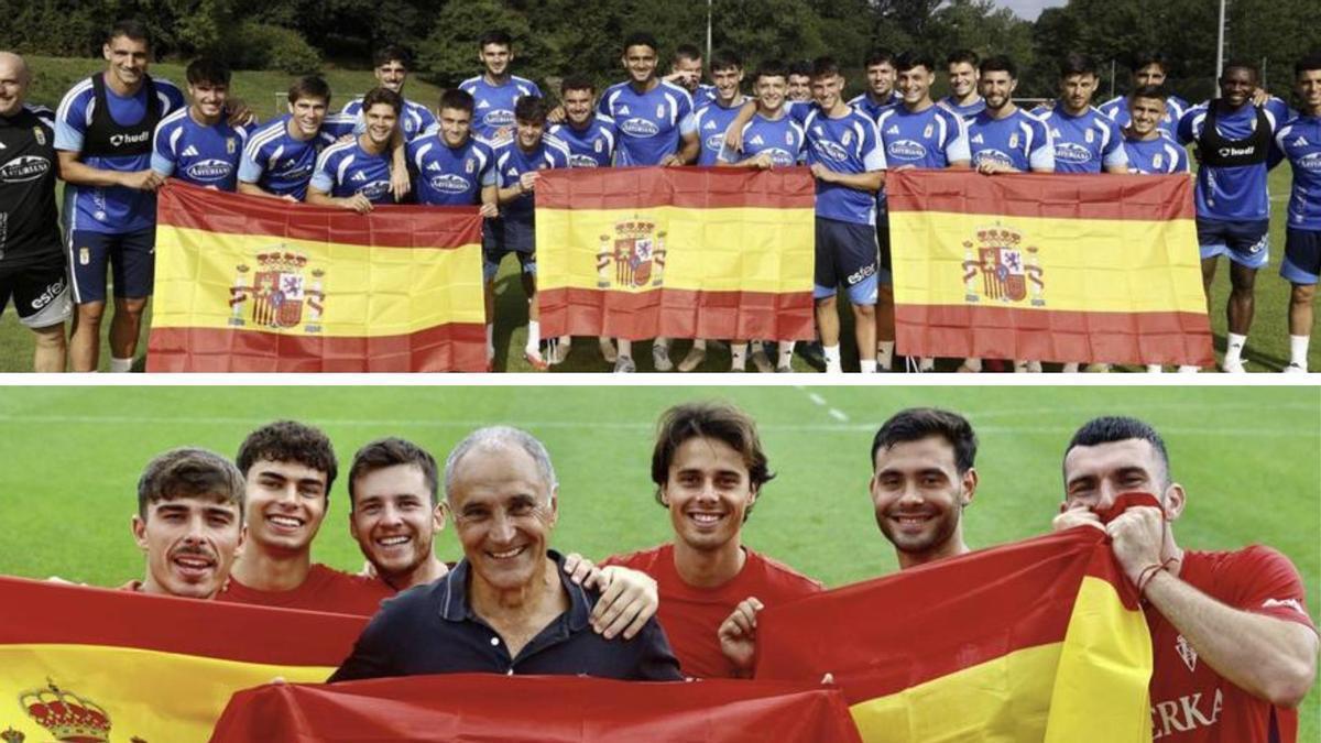 Arriba, por la izquierda, Julián Calero, Dani Calvo, Víctor Mingo, Samu Rodríguez, Pablo Agudín, Nacho Vidal, Guille Berzal, Espinosa, Pablo Sáenz, Álex Cardero, Youness, Alexandru Isfan, Marco Esteban, Dieguito, Aldasoro, Enzo Pérez, Jaime Coballes, Joaquín, Paraschiv, Jacobo, Alberto Reina, Aisar Ahmed, David Costas, Eze e Ilyas Chaira, ayer, en El Requexón. Abajo, Por la izquierda, Pablo García, Manu Rodríguez, Guille Rosas, Joaquín Alonso, Gaspar Campos, Diego Sánchez y Pablo Vázquez, ayer, en Mareo apoyando a España.