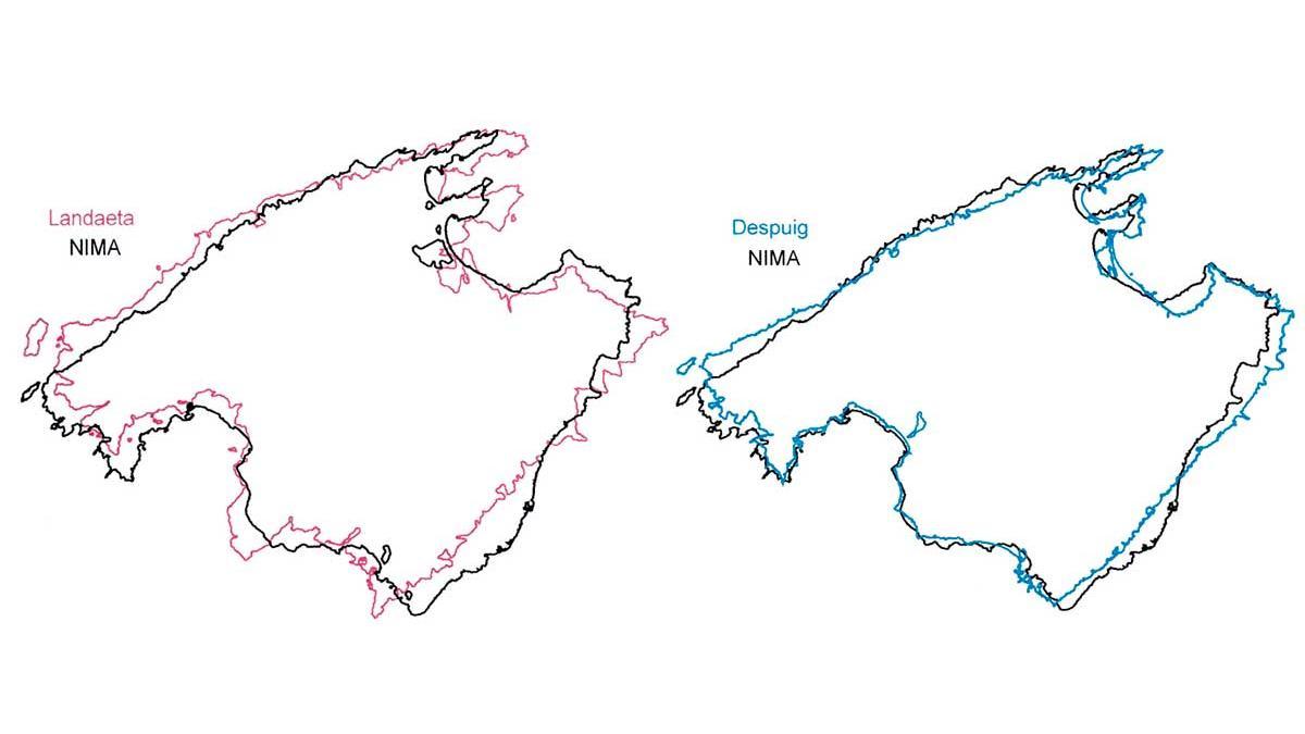 mapasVergleich der Küstenlinien: Despuig (blau), Landaeta (rot), heutige Karte (schwarz).
