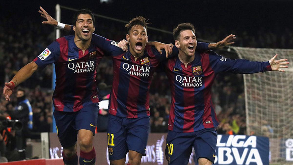 Luis Suárez, Neymar y Leo Messi celebran uno de los goles marcados al Atlético